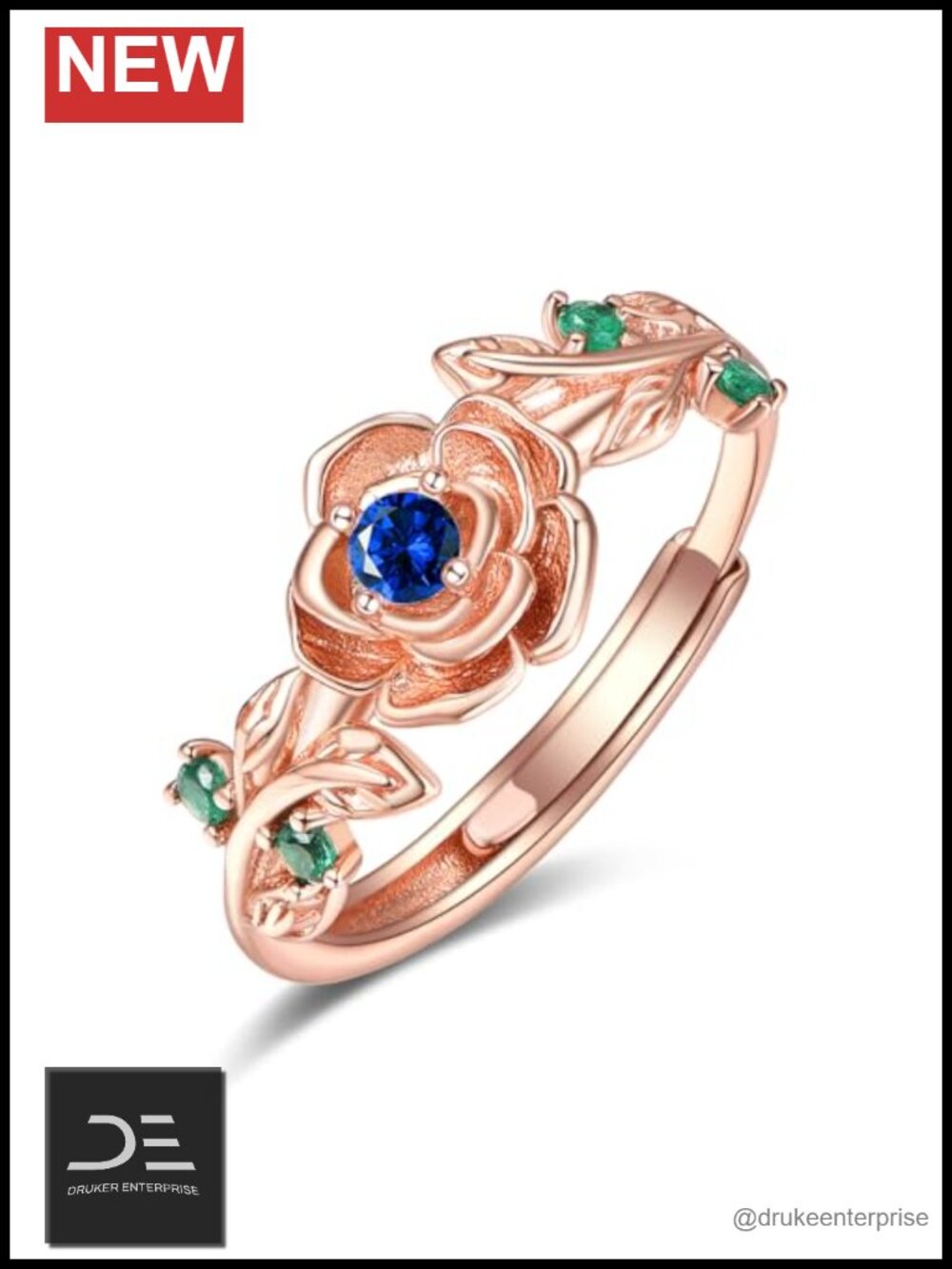 Sterling Silver Rose Ring Adjustable Sapphire Birthstone Halo Statement Jewelry